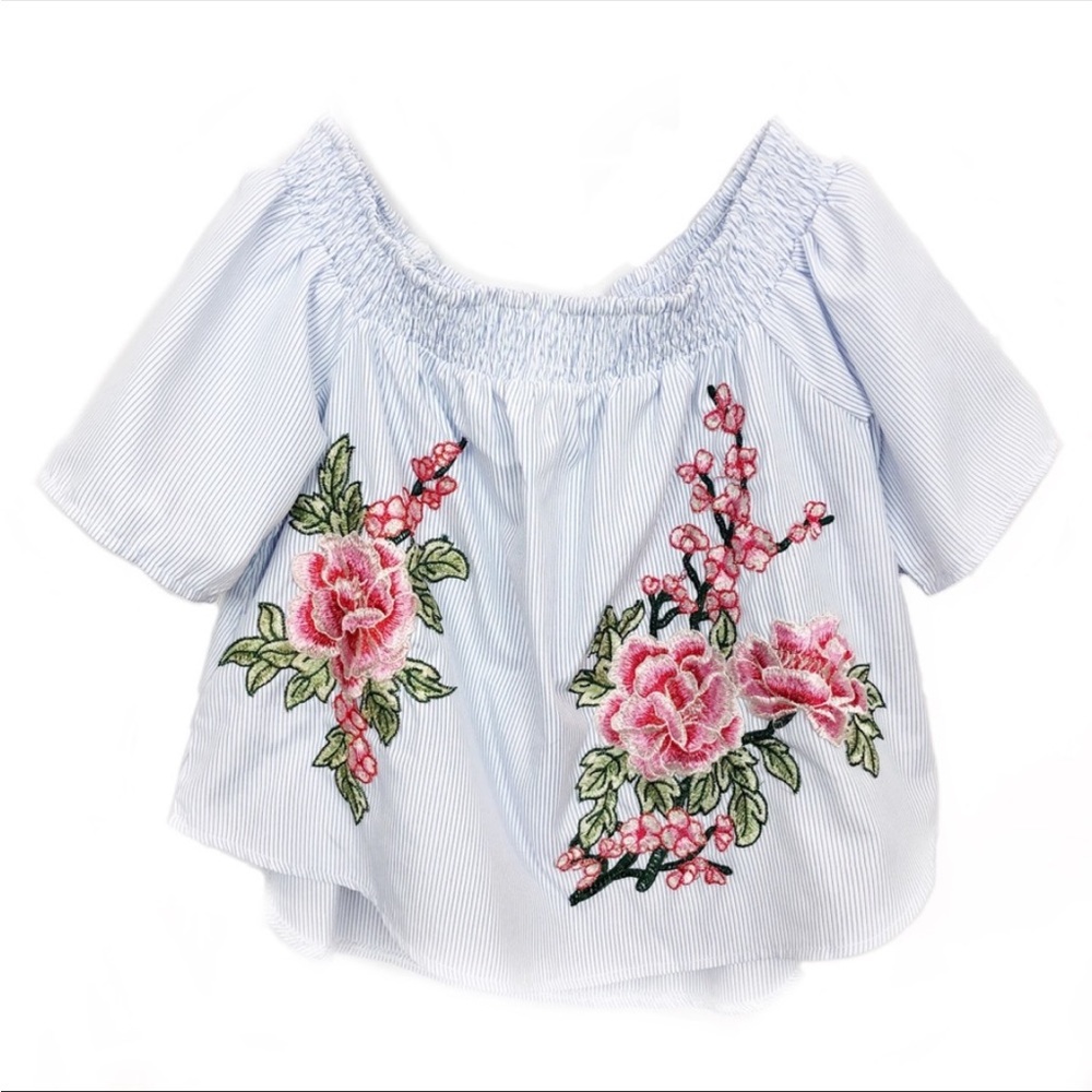 PRICE FIRM LF Seek The Label Rose Embroidered Off The Shoulder Striped Top M